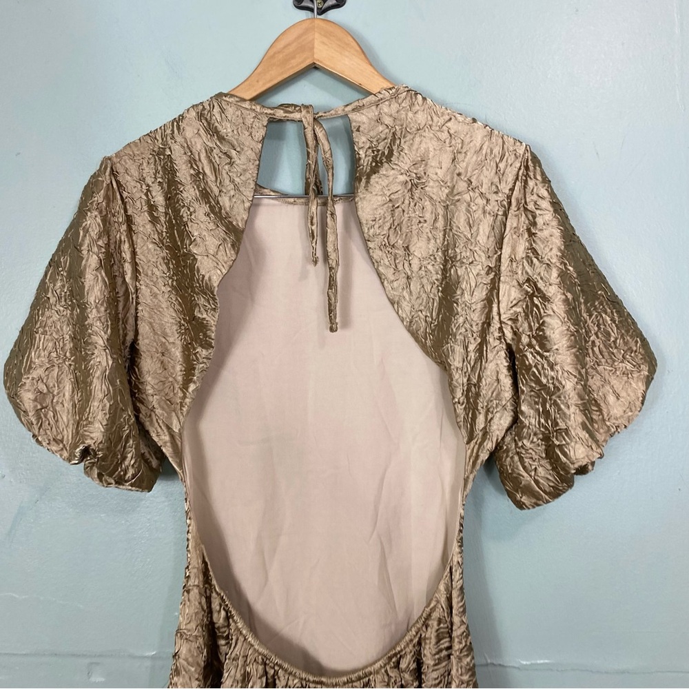 Lisa Says Gah‎ Gwen Metallic Champagne Color Dress Midi Cut Out Open Back Large - Picture 7 of 12